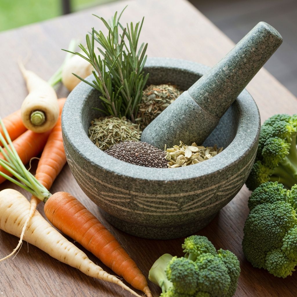 Herbs and seeds in stone mortar